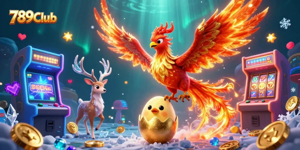 Engaging moment at 789Club as a fiery phoenix flies over vibrant arcade-style slots, enhancing the gaming experience.