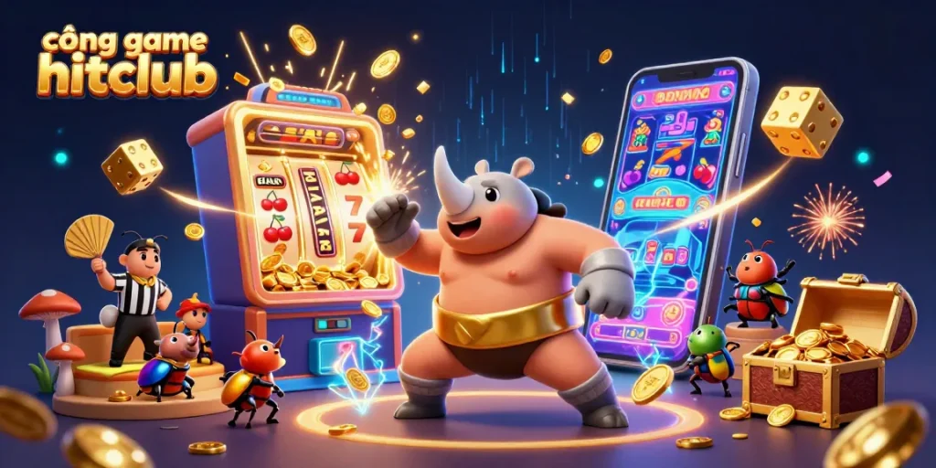 Experience the excitement of cổng game hitclub with a stunning illustration of a beetle sumo champion and dynamic casino elements.