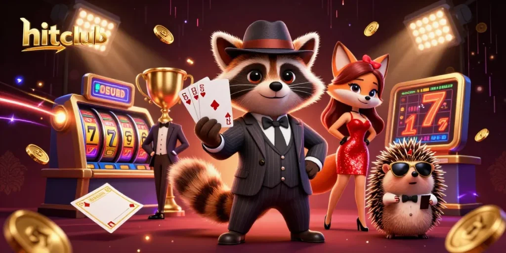 Hitclub offers an exciting gaming experience, featuring a suave raccoon and a charming fox amidst casino action.